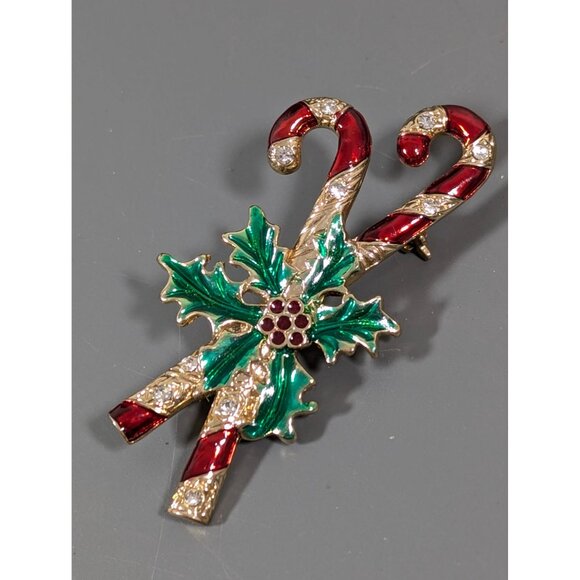 Monet Christmas Candy Cane Brooch Gold Tone Rhinestone Enamel - Picture 1 of 8